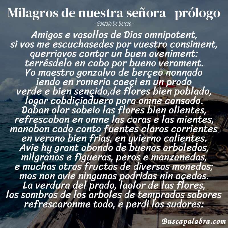 Poema milagros de nuestra señora   prólogo de Gonzalo de Berceo con fondo de barca