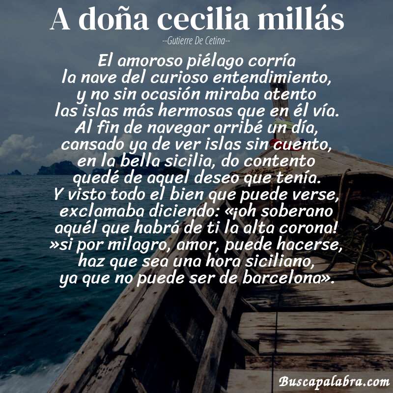 Poema a doña cecilia millás de Gutierre de Cetina con fondo de barca