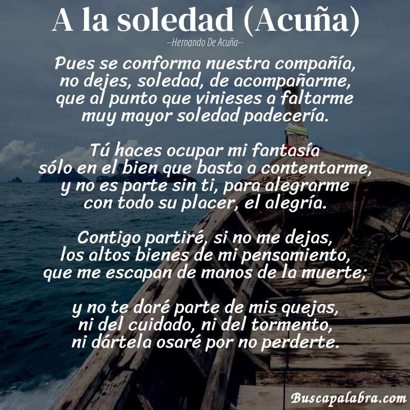 Poema A la soledad (Acuña) de Hernando de Acuña con fondo de barca