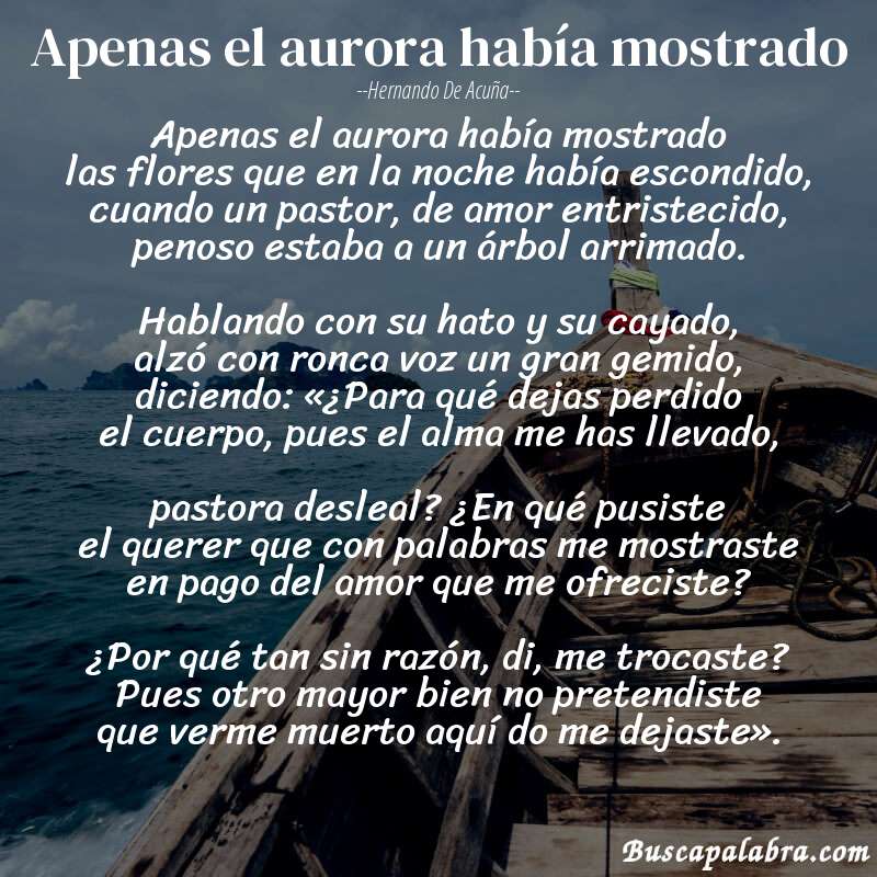 Poema Apenas el aurora había mostrado de Hernando de Acuña con fondo de barca