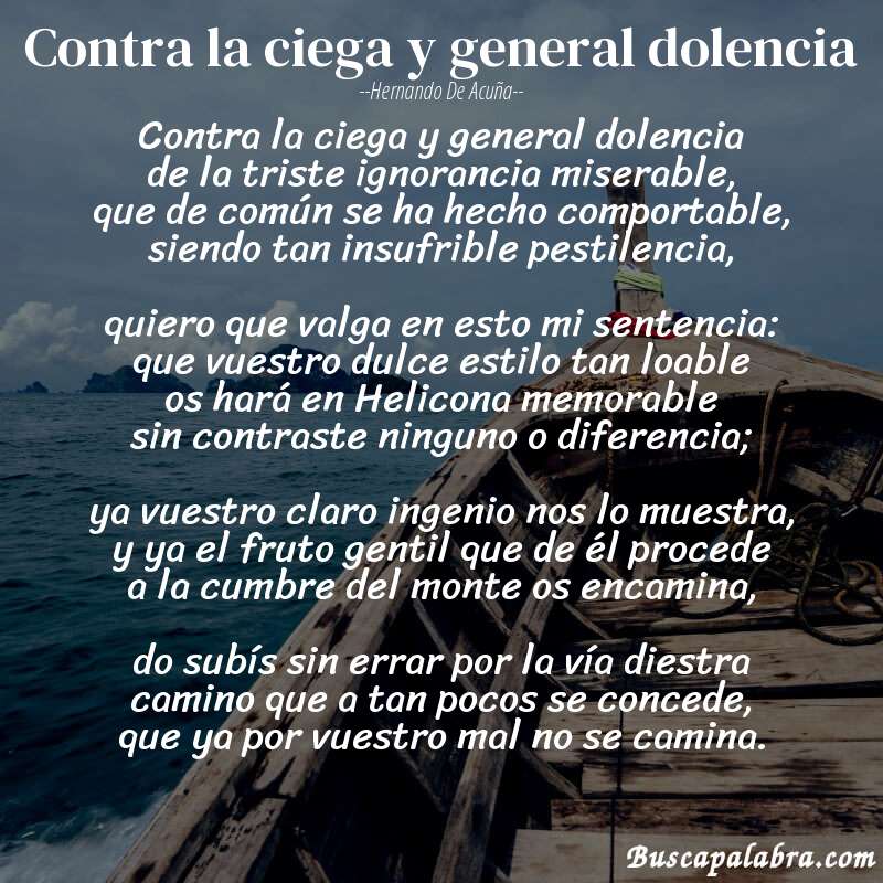 Poema Contra la ciega y general dolencia de Hernando de Acuña con fondo de barca