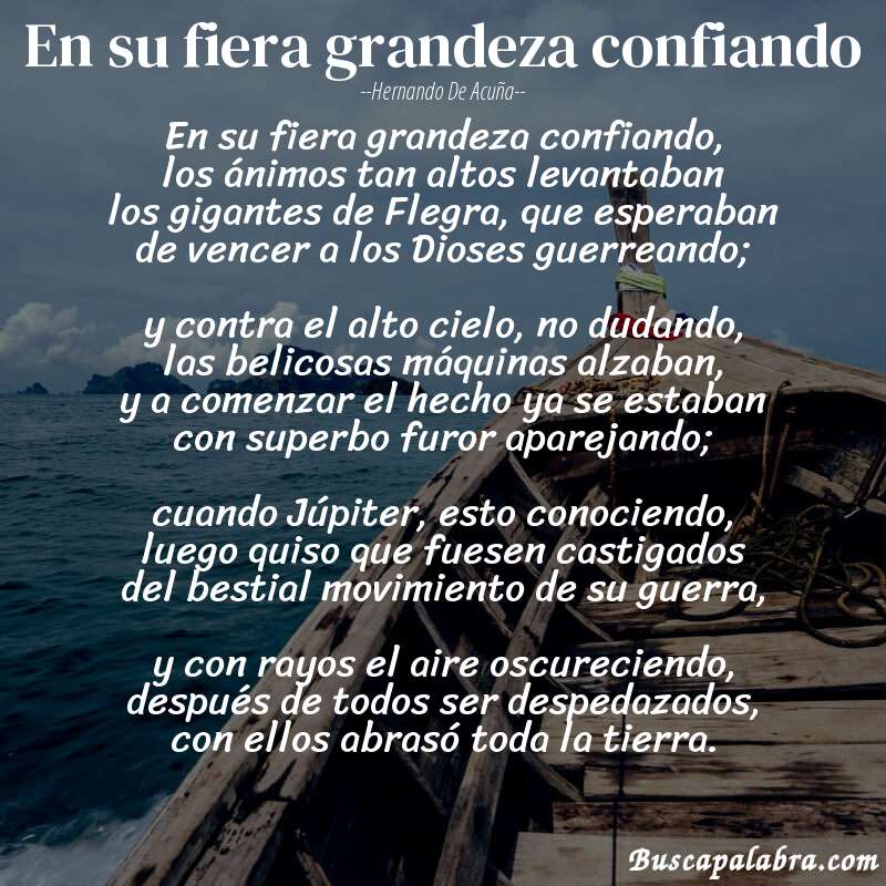 Poema En su fiera grandeza confiando de Hernando de Acuña con fondo de barca