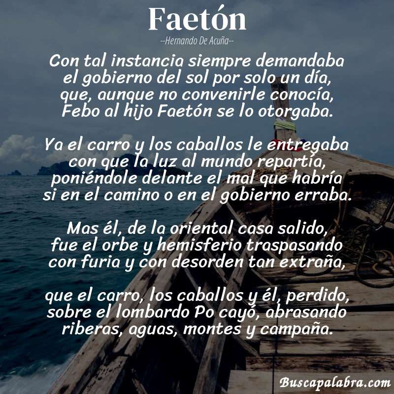 Poema Faetón de Hernando de Acuña con fondo de barca