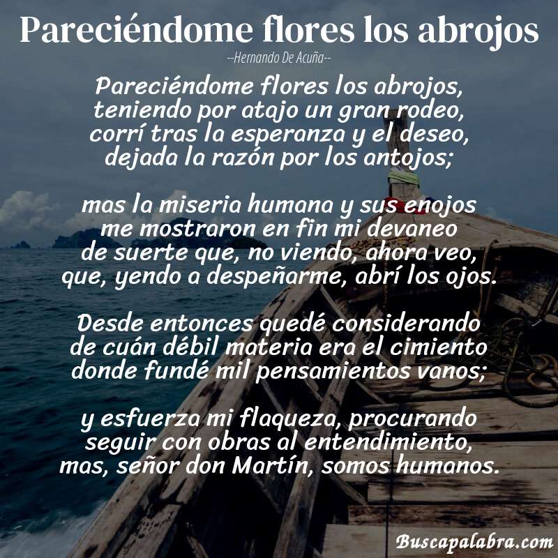 Poema Pareciéndome flores los abrojos de Hernando de Acuña con fondo de barca