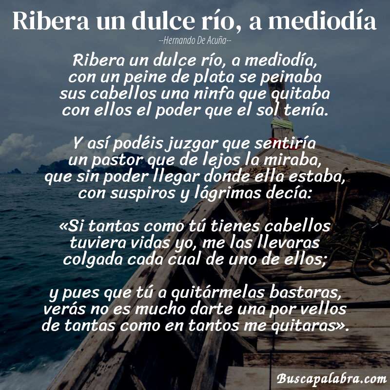 Poema Ribera un dulce río, a mediodía de Hernando de Acuña con fondo de barca