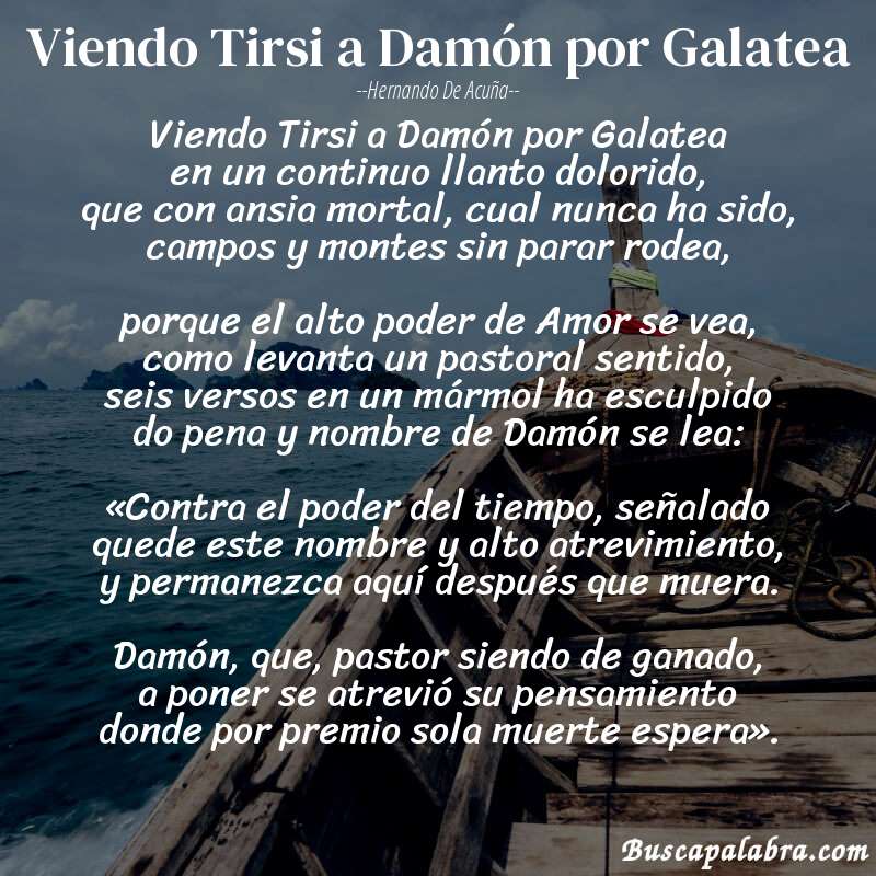 Poema Viendo Tirsi a Damón por Galatea de Hernando de Acuña con fondo de barca