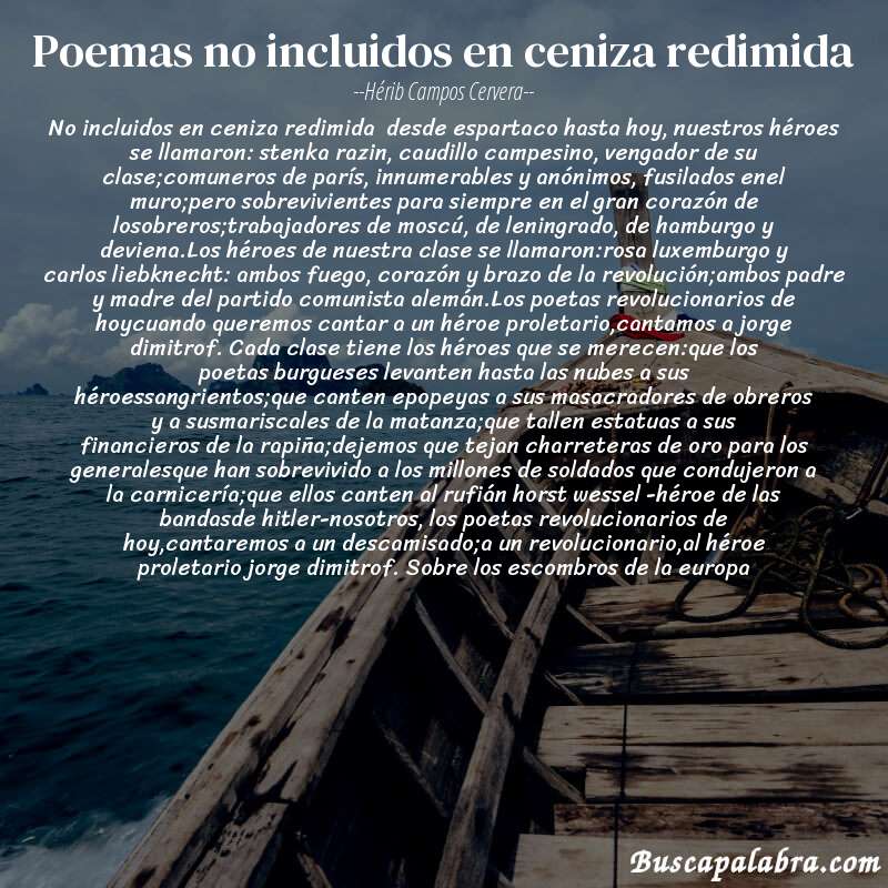 Poema poemas no incluidos en ceniza redimida de Hérib Campos Cervera con fondo de barca
