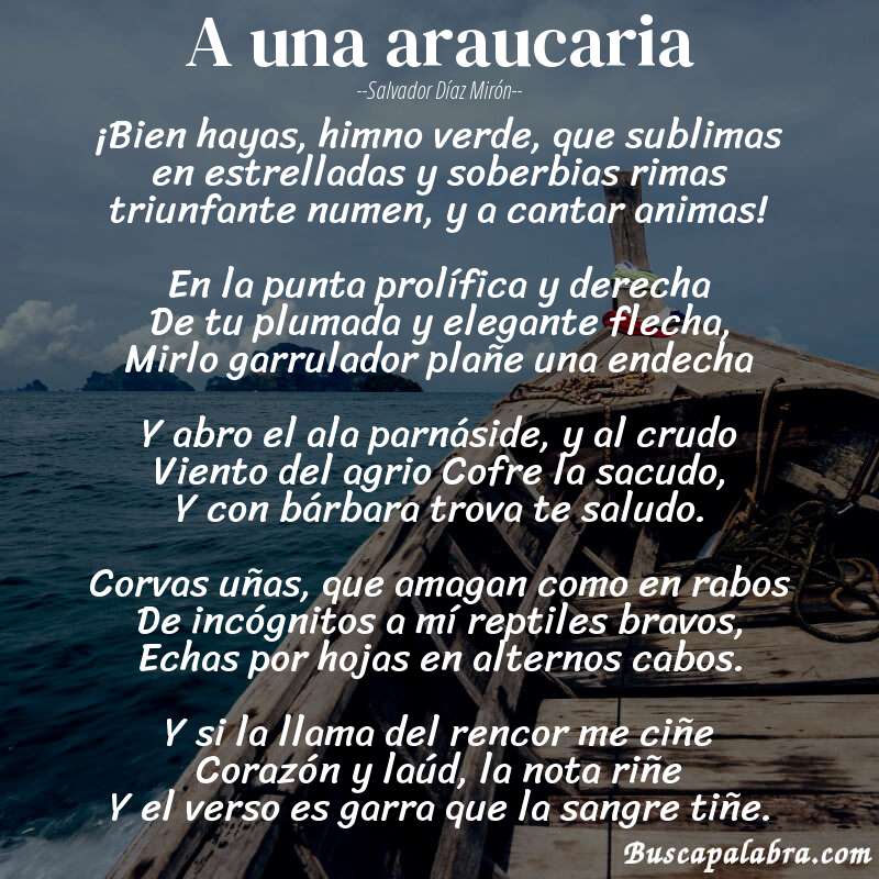 Poema A una araucaria de Salvador Díaz Mirón con fondo de barca