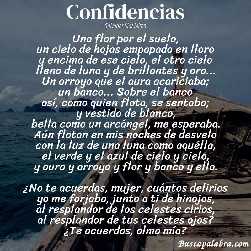 Poema Confidencias de Salvador Díaz Mirón con fondo de barca