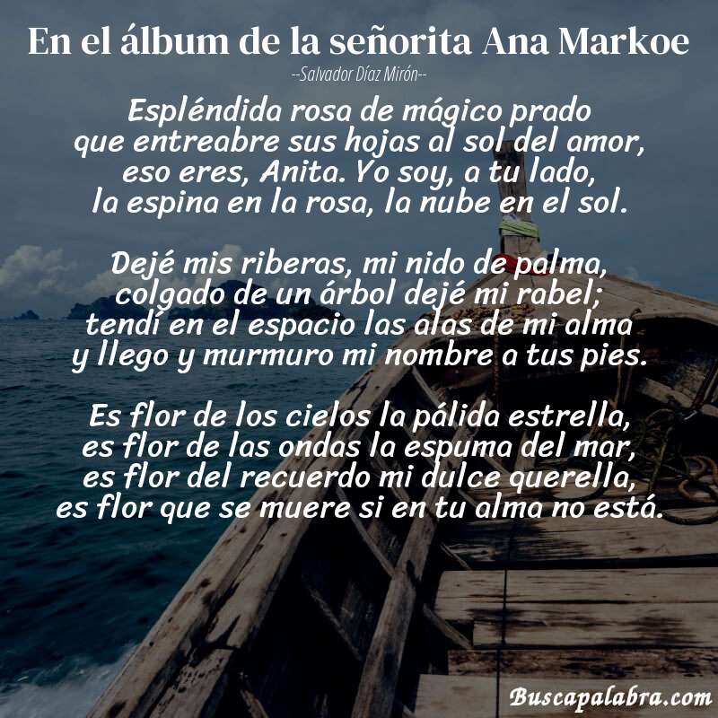 Poema En el álbum de la señorita Ana Markoe de Salvador Díaz Mirón con fondo de barca