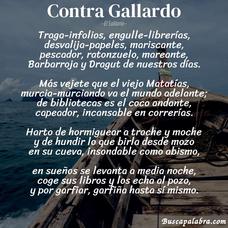 Poema Contra Gallardo de El Solitario con fondo de barca