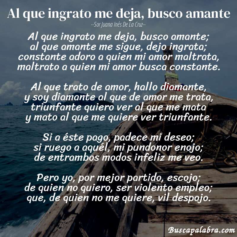 Poema Al que ingrato me deja, busco amante de Sor Juana Inés de la Cruz con fondo de barca