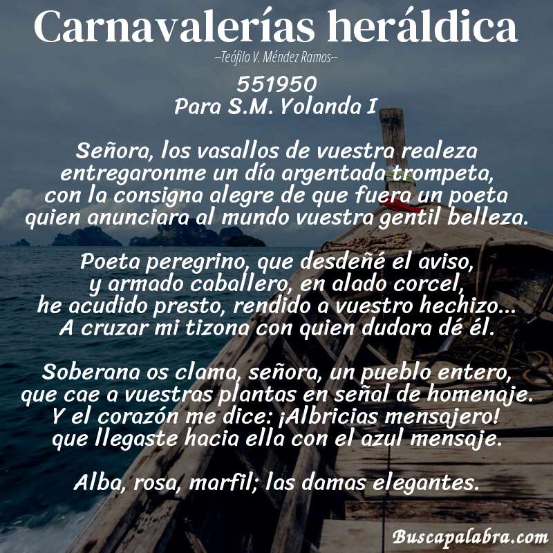 Poema Carnavalerías heráldica de Teófilo V. Méndez Ramos con fondo de barca