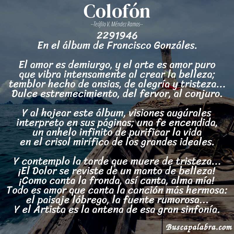 Poema Colofón de Teófilo V. Méndez Ramos con fondo de barca