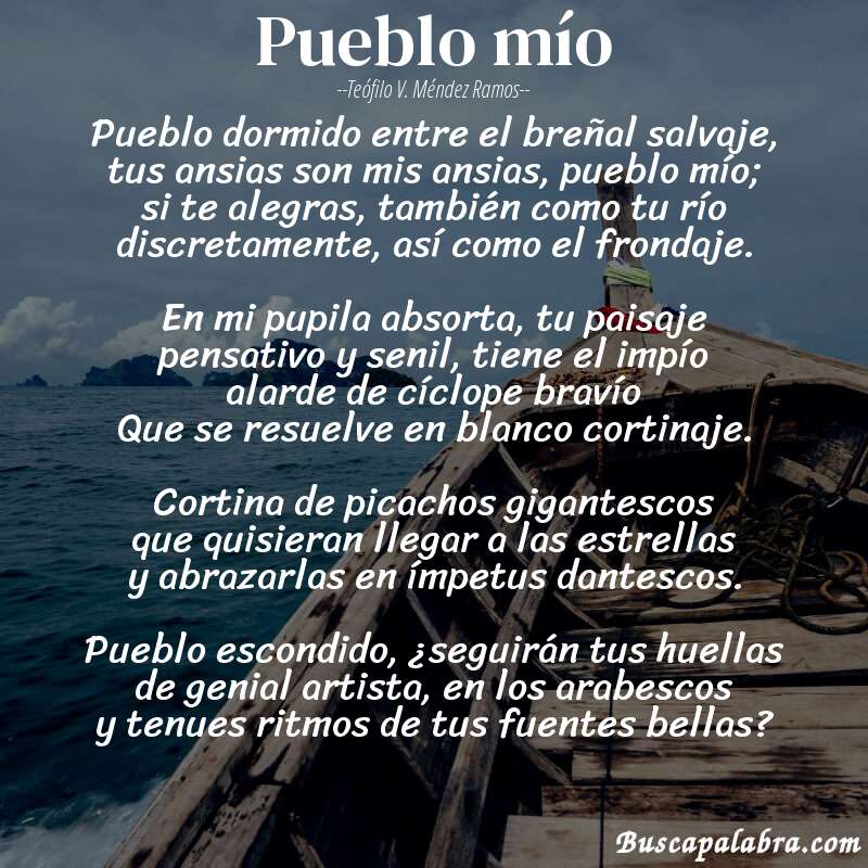 Poema Pueblo mío de Teófilo V. Méndez Ramos con fondo de barca
