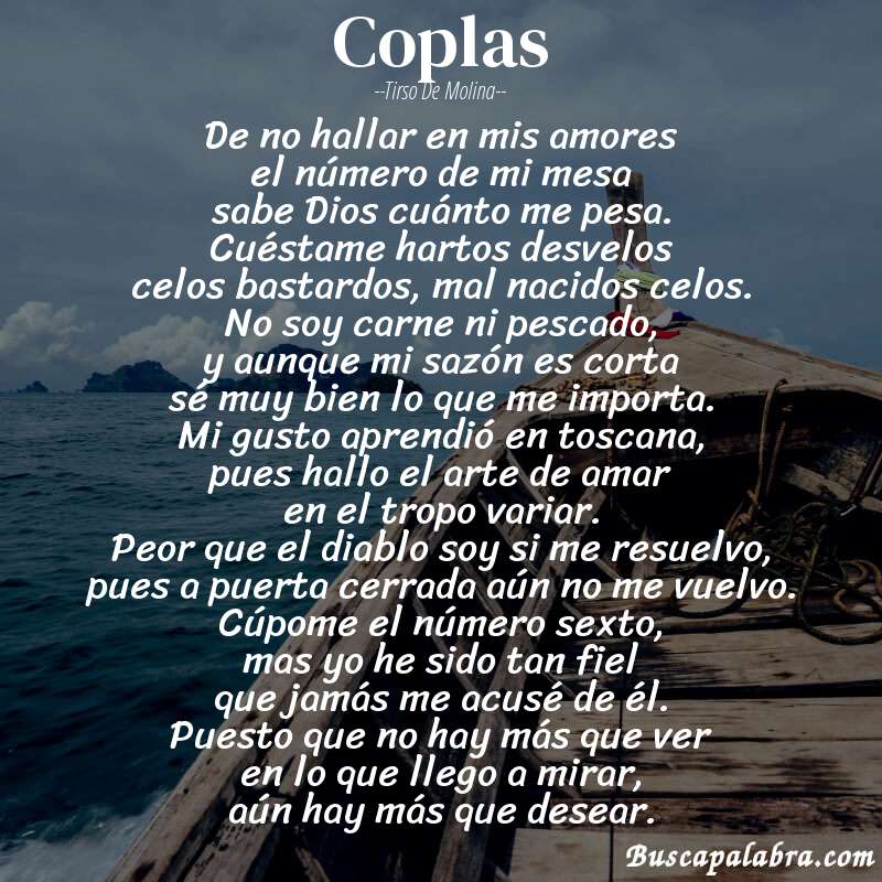 Poema coplas de Tirso de Molina con fondo de barca