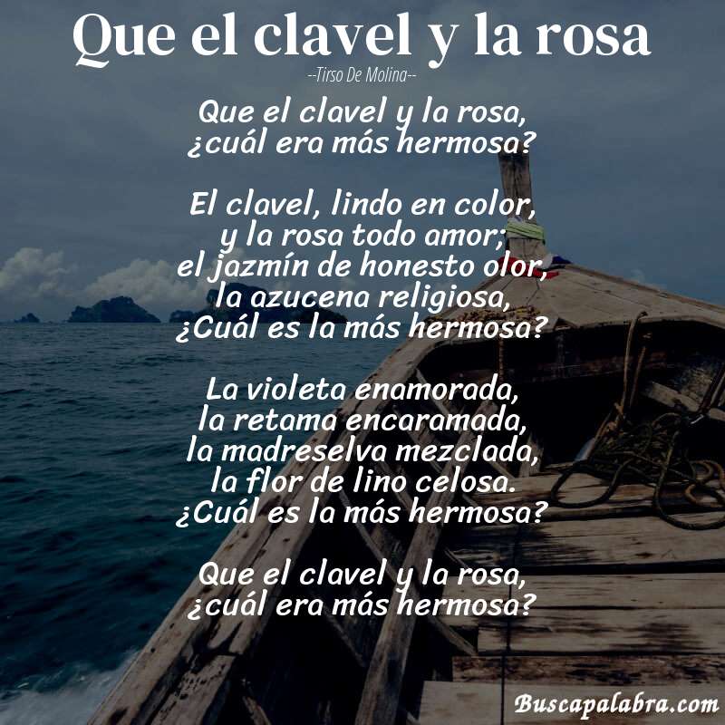 Poema Que el clavel y la rosa de Tirso de Molina con fondo de barca