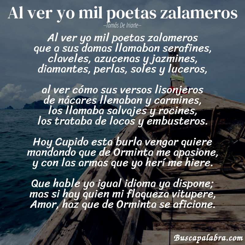 Poema Al ver yo mil poetas zalameros de Tomás de Iriarte con fondo de barca