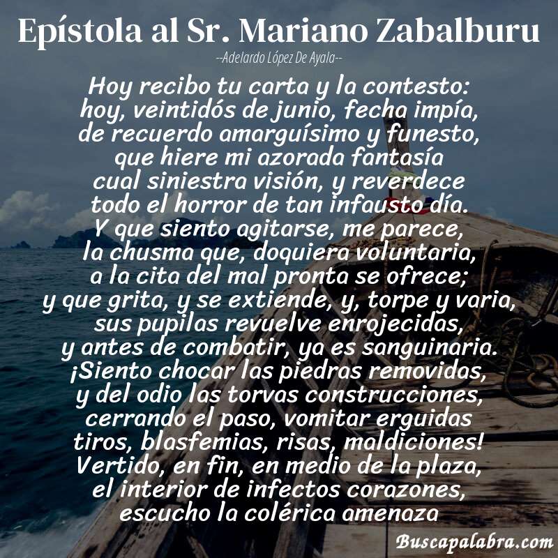 Poema Epístola al Sr. Mariano Zabalburu de Adelardo López de Ayala con fondo de barca