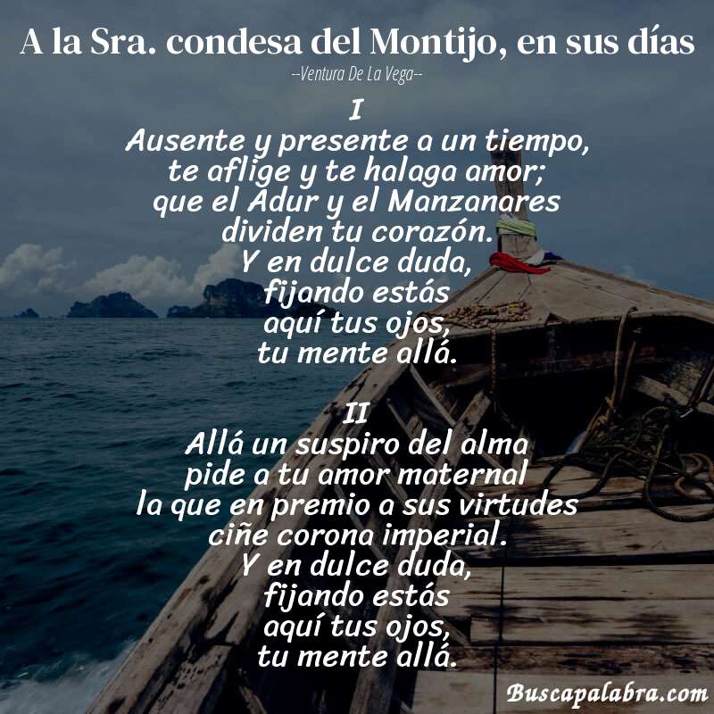 Poema A la Sra. condesa del Montijo, en sus días de Ventura de la Vega con fondo de barca