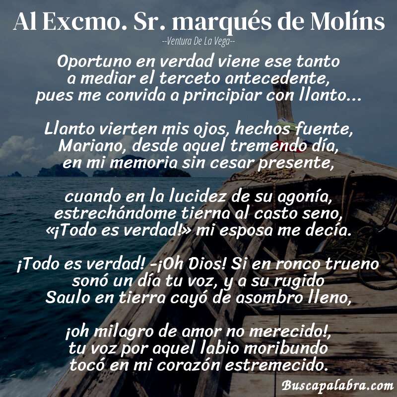Poema Al Excmo. Sr. marqués de Molíns de Ventura de la Vega con fondo de barca
