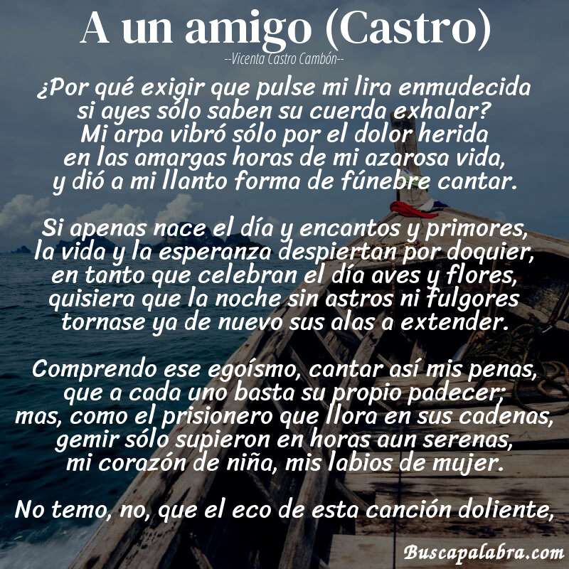 Poema A un amigo (Castro) de Vicenta Castro Cambón con fondo de barca