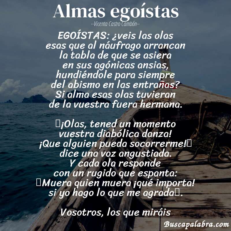 Poema Almas egoístas de Vicenta Castro Cambón con fondo de barca