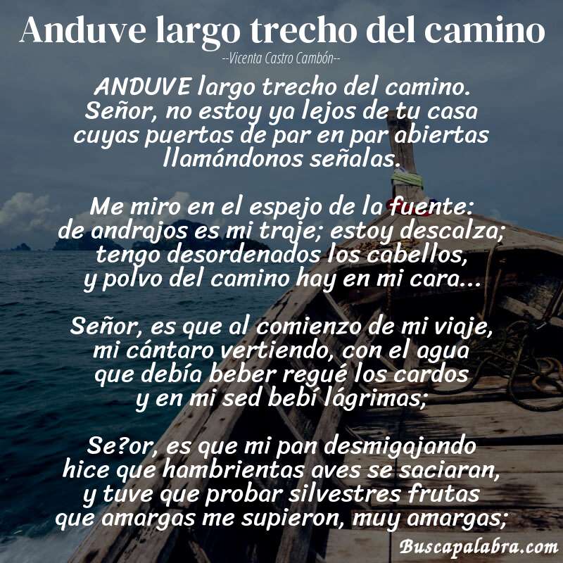 Poema Anduve largo trecho del camino de Vicenta Castro Cambón con fondo de barca