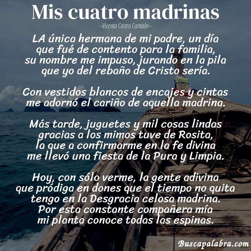Poema Mis cuatro madrinas de Vicenta Castro Cambón con fondo de barca