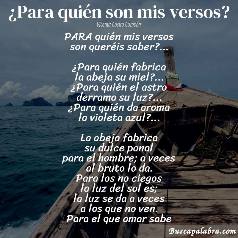 Poema ¿Para quién son mis versos? de Vicenta Castro Cambón con fondo de barca