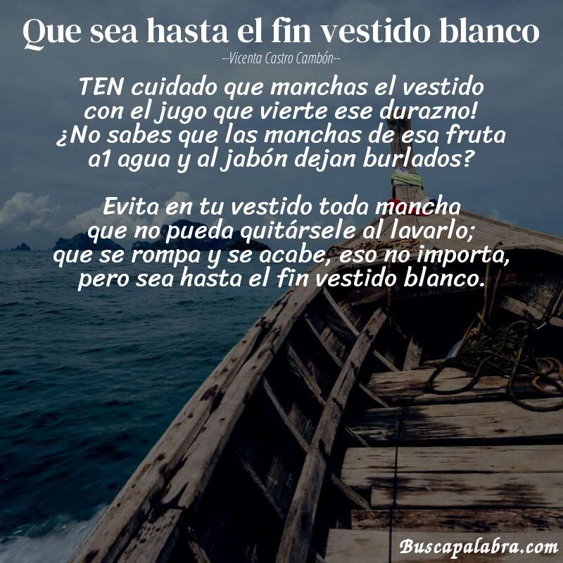 Poema Que sea hasta el fin vestido blanco de Vicenta Castro Cambón con fondo de barca