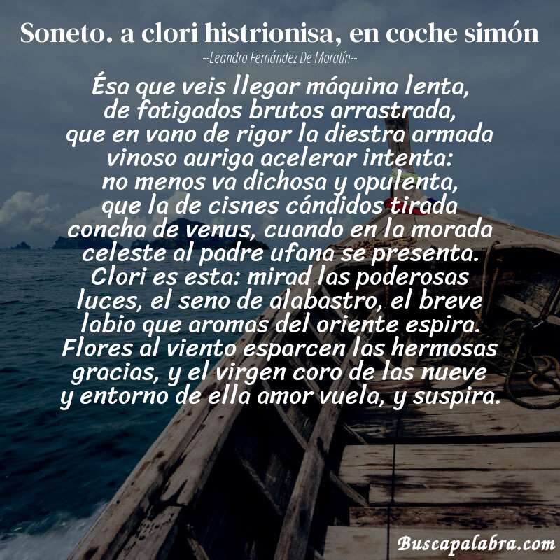 Poema soneto. a clori histrionisa, en coche simón de Leandro Fernández de Moratín con fondo de barca