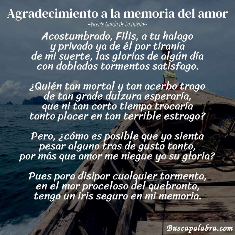 Poema Agradecimiento a la memoria del amor de Vicente García de la Huerta con fondo de barca