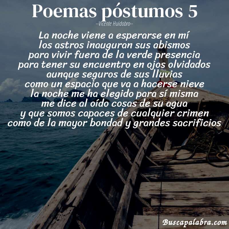 Poema poemas póstumos 5 de Vicente Huidobro con fondo de barca