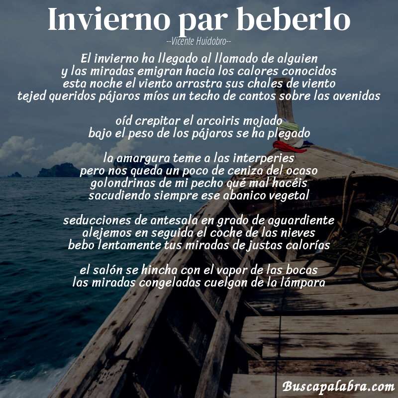 Poema invierno par beberlo de Vicente Huidobro con fondo de barca