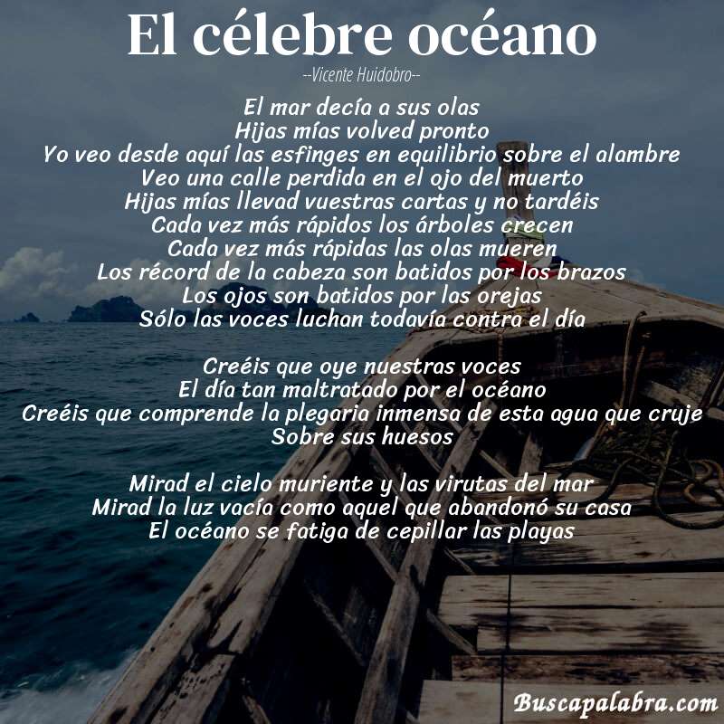 Poema El célebre océano de Vicente Huidobro con fondo de barca