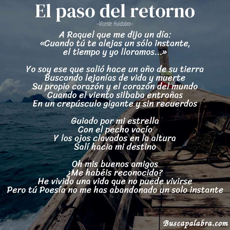 Poema El paso del retorno de Vicente Huidobro con fondo de barca
