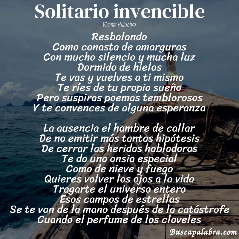 Poema Solitario invencible de Vicente Huidobro con fondo de barca