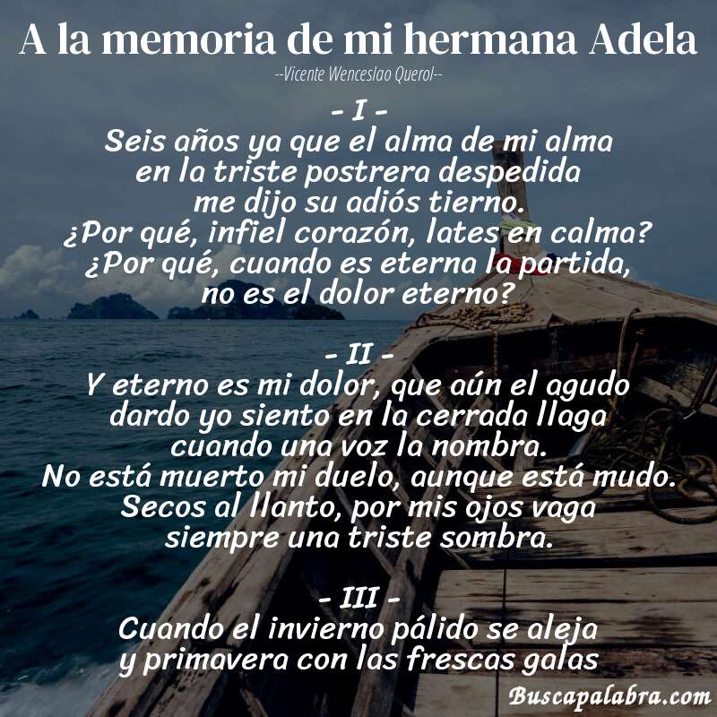Poema A la memoria de mi hermana Adela de Vicente Wenceslao Querol con fondo de barca