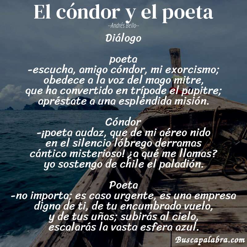 Poema el cóndor y el poeta de Andrés Bello con fondo de barca
