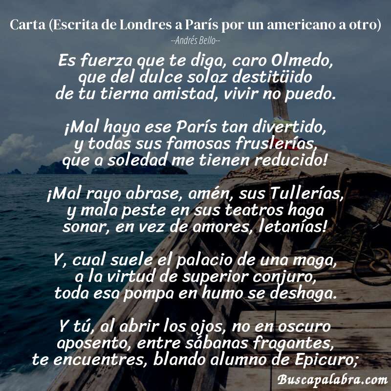 Poema Carta (Escrita de Londres a París por un americano a otro) de Andrés Bello con fondo de barca