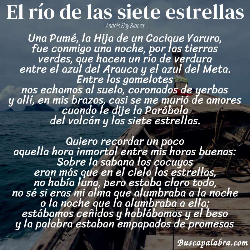 Poema El río de las siete estrellas de Andrés Eloy Blanco con fondo de barca