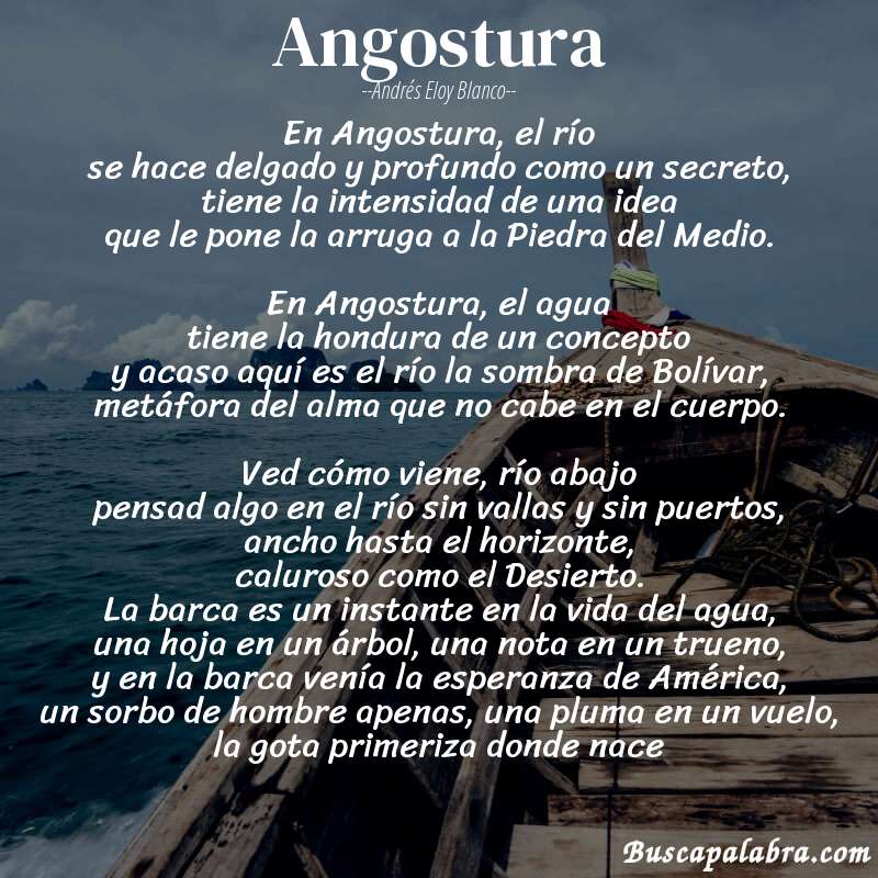 Poema Angostura de Andrés Eloy Blanco con fondo de barca
