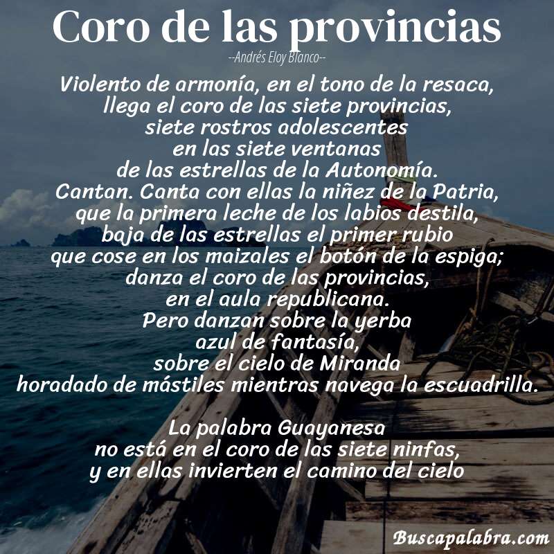 Poema Coro de las provincias de Andrés Eloy Blanco con fondo de barca