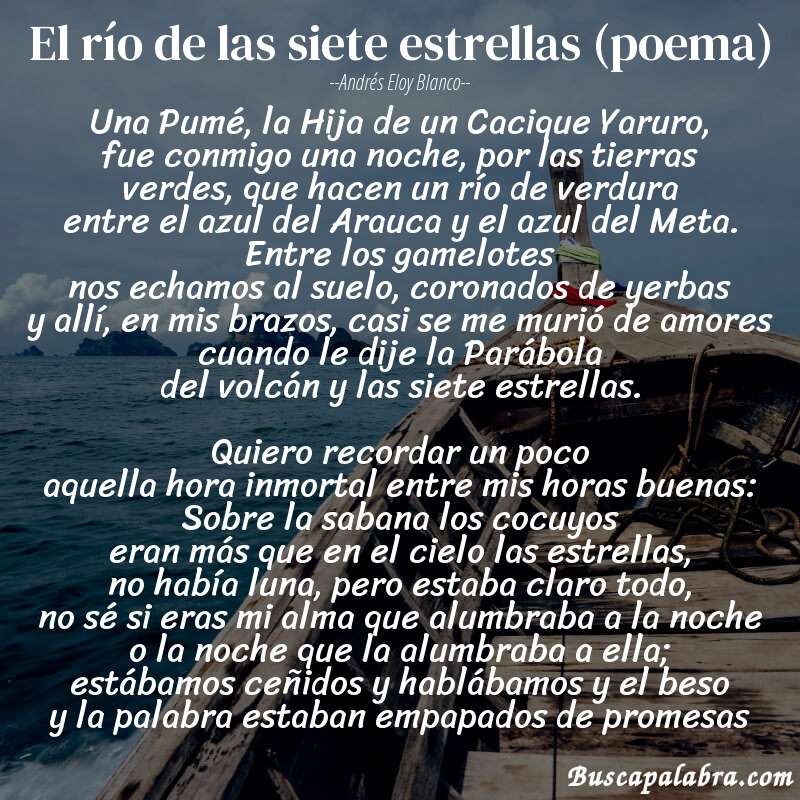 Poema El río de las siete estrellas (poema) de Andrés Eloy Blanco con fondo de barca