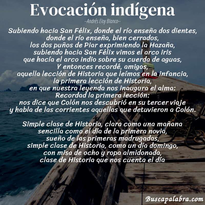 Poema Evocación indígena de Andrés Eloy Blanco con fondo de barca