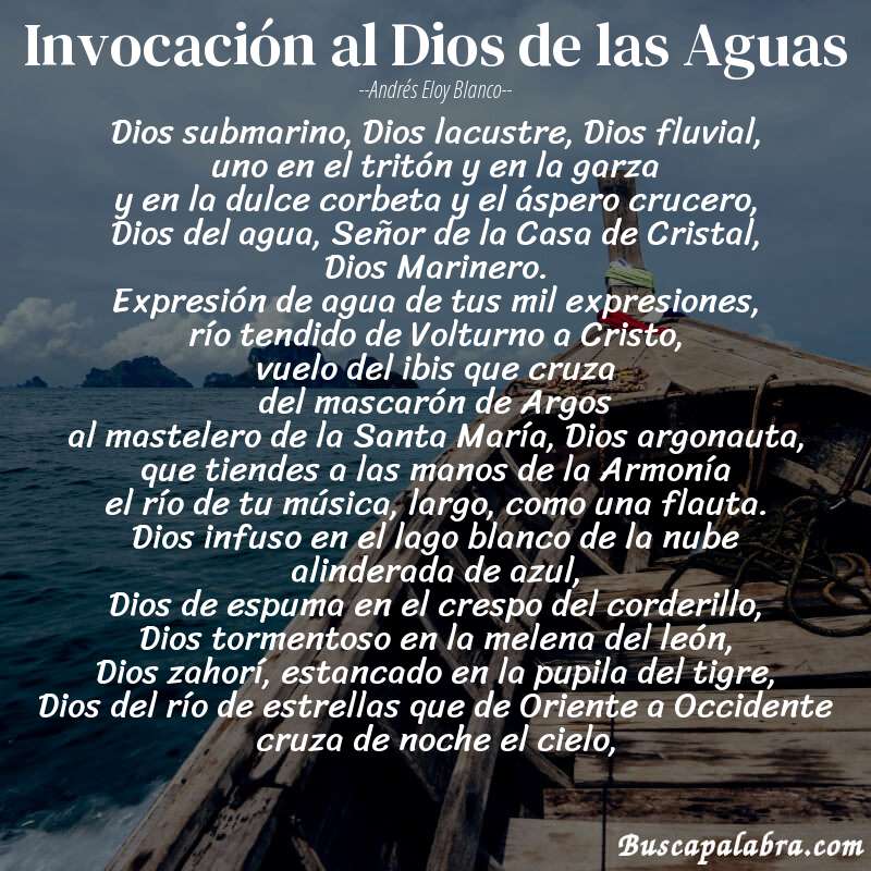 Poema Invocación al Dios de las Aguas de Andrés Eloy Blanco con fondo de barca