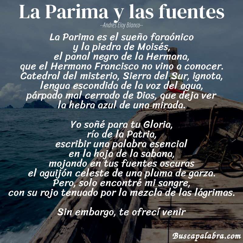 Poema La Parima y las fuentes de Andrés Eloy Blanco con fondo de barca