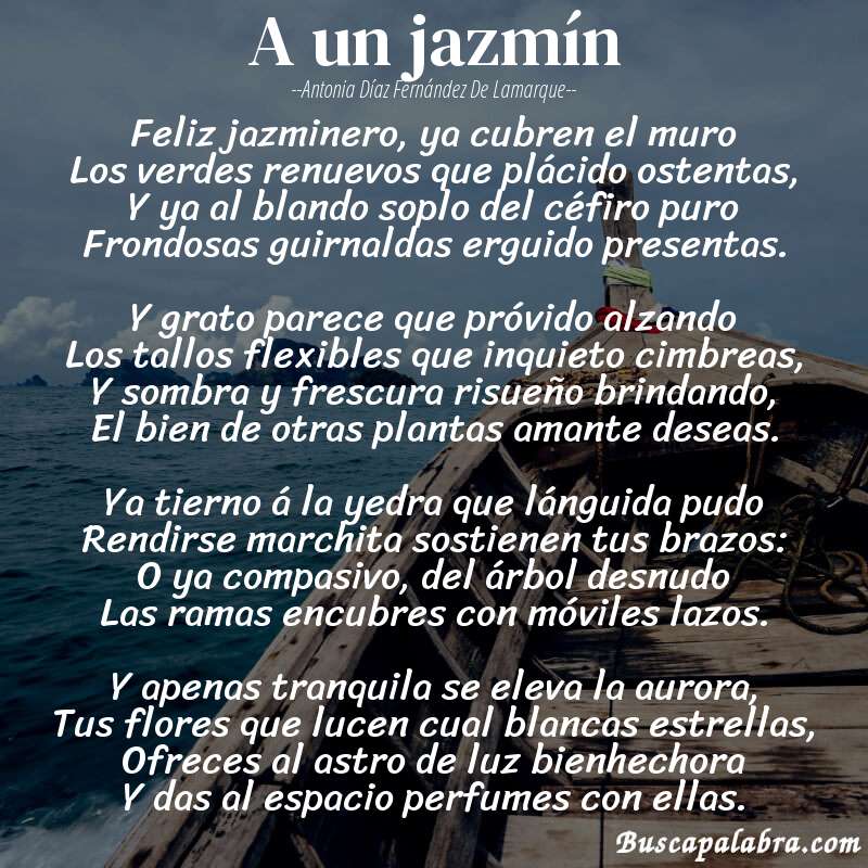 Poema A un jazmín de Antonia Díaz Fernández de Lamarque con fondo de barca