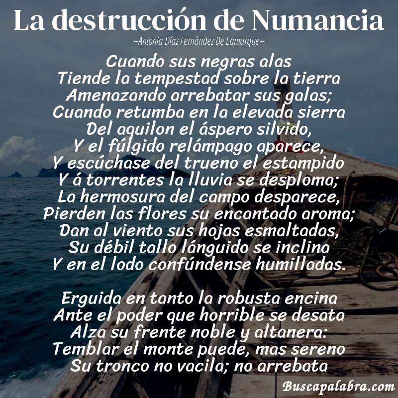 Poema La destrucción de Numancia de Antonia Díaz Fernández de Lamarque con fondo de barca